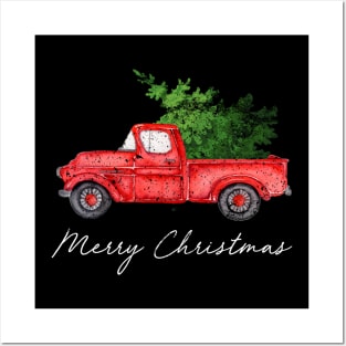 Merry Christmas Retro Vintage Red Truck Posters and Art